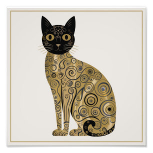 Goldene dekorative Gustav-Klimt-Style-Schwarze-Kat Fotodruck
