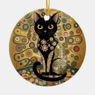 Goldene dekorative Gustav-Klimt-Style-Schwarze-Kat Keramik Ornament