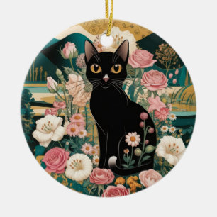 Goldene dekorative Gustav-Klimt-Style-Schwarze-Kat Keramik Ornament