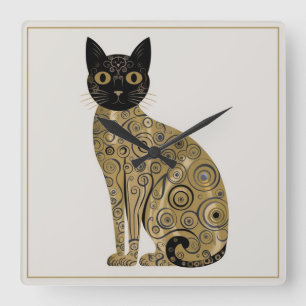 Goldene dekorative Gustav-Klimt-Style-Schwarze-Kat Quadratische Wanduhr