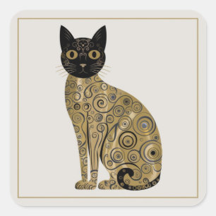 Goldene dekorative Gustav-Klimt-Style-Schwarze-Kat Quadratischer Aufkleber