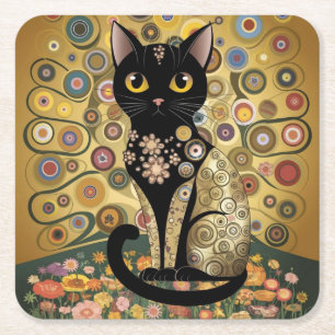 Goldene dekorative Gustav-Klimt-Style-Schwarze-Kat Rechteckiger Pappuntersetzer