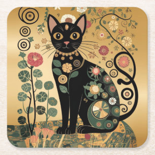Goldene dekorative Gustav-Klimt-Style-Schwarze-Kat Rechteckiger Pappuntersetzer