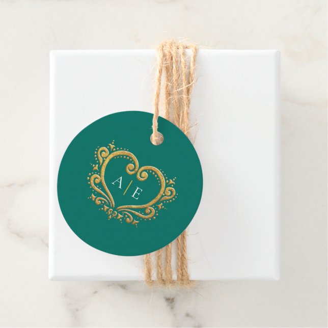 Goldene, dekorative, monogramm-grüne Hochzeit Geschenkanhänger (Beispiel)