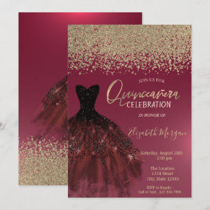 Goldene Diamanten, elegante rote Quinceanera-Kleid Einladung