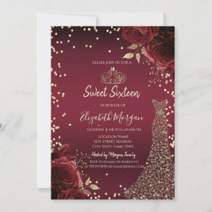 Goldene Diamantenkleid Dunkelrote Rosen Sweet 16 Einladung