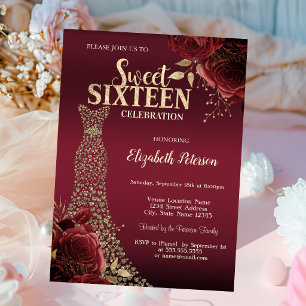 Goldene Diamantenkleid Rote Rosen Sweet 16  Einladung