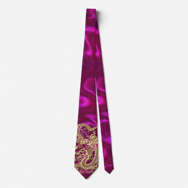 Goldene Drache Magenta Satin Krawatte (Vorderseite)