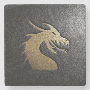 Goldene Drache-Silhouette auf schwarzem Leder Steinuntersetzer