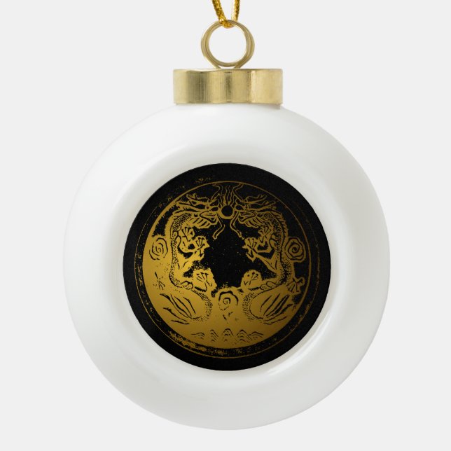 Goldene Drachen mit schwarzem Hintergrund, chinesi Keramik Kugel-Ornament (Vorderseite)