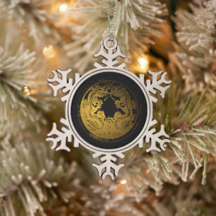 Goldene Drachen mit schwarzem Hintergrund, chinesi Schneeflocken Zinn-Ornament