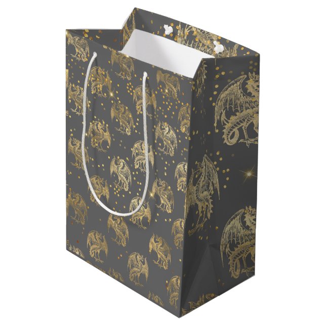 Goldene Drachen und Sterne Mittlere Geschenktüte (Rückseite Schrägansicht)