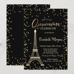 Goldene Eiffelturm-Diamanten Schwarze Quinceanera Einladung