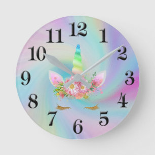 Goldene Einhorn-Regenbogen-Uhr Runde Wanduhr