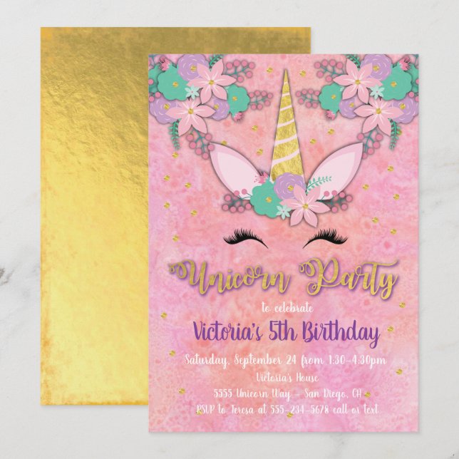 Goldene Einhornblume Einladung zum Geburtstag (Vorne/Hinten)