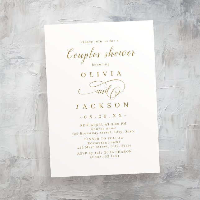 Goldene, elegante Drehbuchpaare duschen Einladung (Gold simple elegant romantic script couples shower invitation)