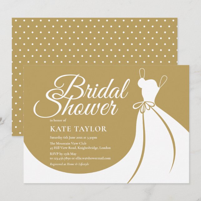 Goldene, elegante Gown Bridal Dusche Einladung (Vorne/Hinten)
