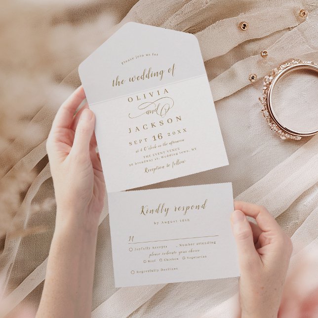 Goldene, elegante, romantische Hochzeit All In One Einladung (Gold simple elegant romantic script wedding all in one invitation)