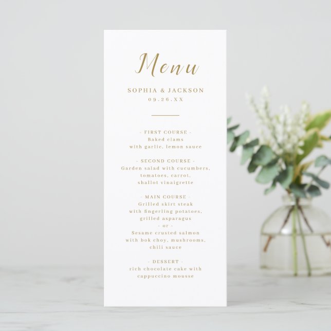 Goldene, elegante, romantische Hochzeit Menükarte (Stehend Vorderseite)