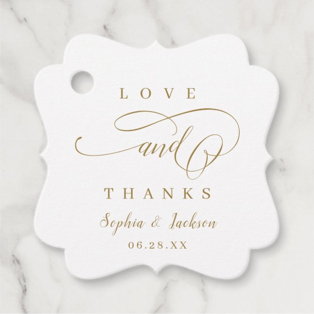 Goldene, elegante, romantische Script-Gastgeschenk Geschenkanhänger (Vorderseite)