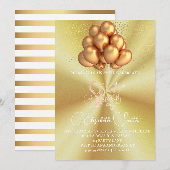 Goldene Eleganz, Einladung von 16 . Geburtstag (Vorne/Hinten)