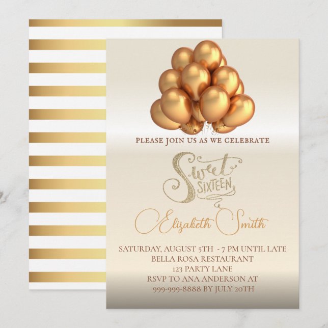 Goldene Eleganz, Einladung von 16 . Geburtstag (Vorne/Hinten)