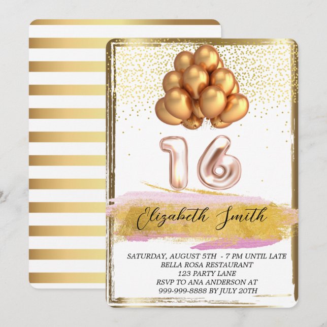 Goldene Eleganz, Einladung von 16 . Geburtstag (Vorne/Hinten)
