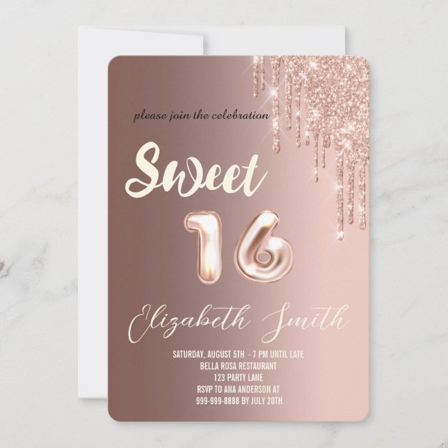 Goldene Eleganz, Rose Gold 16 . Geburtstag Einladung (Vorderseite)