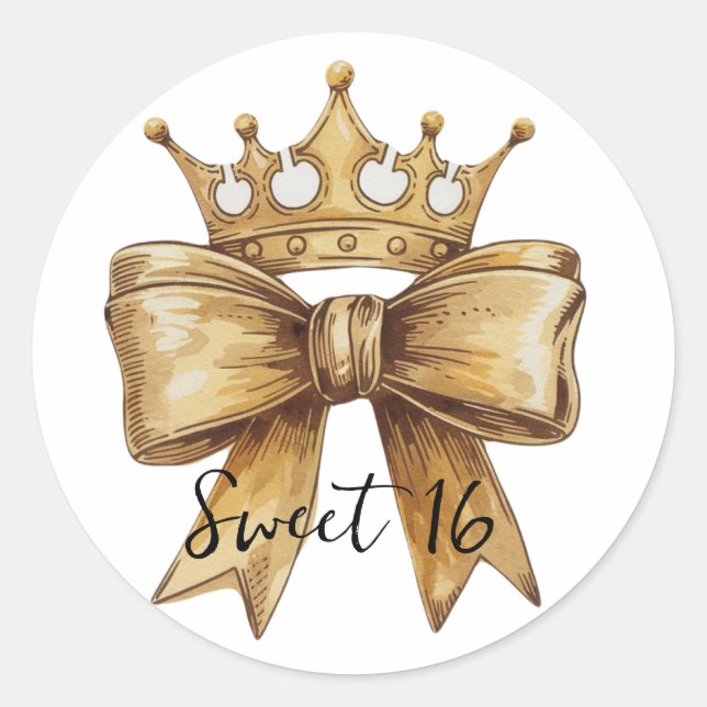 Goldene Eleganz: Sweet 16 Crown & Bow Runder Aufkleber (Vorderseite)