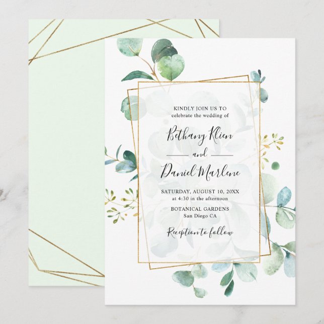 Goldene Eukalyptus-Hochzeit Einladung (Vorne/Hinten)