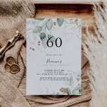 Goldene Eukalyptus-Kalligrafie 60. Geburtstagspart Einladung<br><div class="desc">Diese goldene Eukalyptuskalligrafie aus dem 60. Jubiläum lädt zu einer rustikalen Geburtstagsfeier ein. Dieses künstlerische Design mit handgezeichnet Aquarellgold und grünem Blattwerk inspiriere natürliche Schönheit.</div>