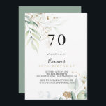 Goldene Eukalyptus-Kalligrafie 70. Geburtstagspart Einladung<br><div class="desc">Diese goldene Eukalyptuskalligrafie aus dem 70. Jahrhundert lädt zu einer rustikalen Geburtstagsfeier ein. Dieses künstlerische Design mit handgezeichnet Aquarellgold und grünem Blattwerk inspiriere natürliche Schönheit.</div>