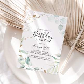 Goldene Eukalyptus-Kalligrafie Geburtstagspartei Einladung