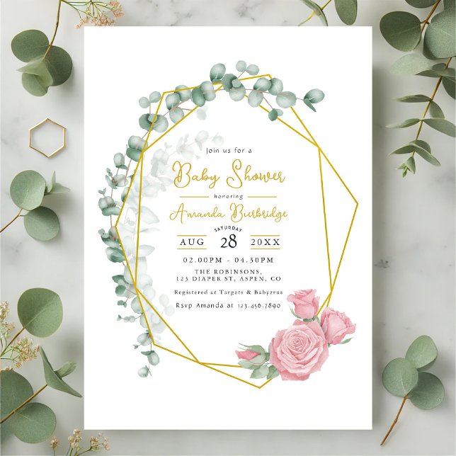 Goldene Eukalyptus & Roses Kinderdusche Einladung (Gold Geometric Eucalyptus & Pink Roses Baby Shower Invitation)