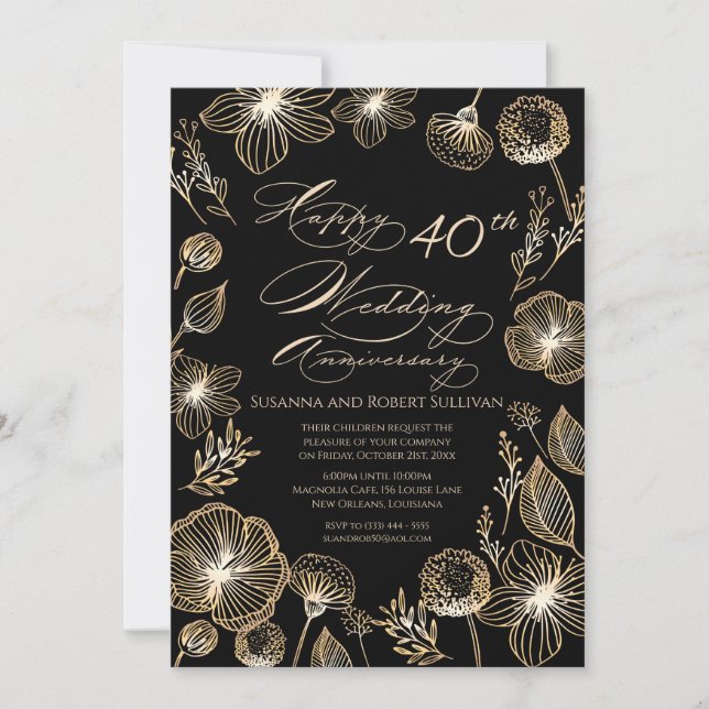 Goldene exotische Blume 40. Hochzeitstag Einladung (Vorderseite)