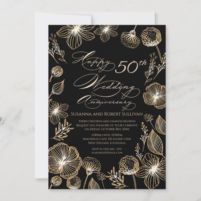 Goldene exotische Blume 50. Hochzeitstag Einladung (Vorderseite)