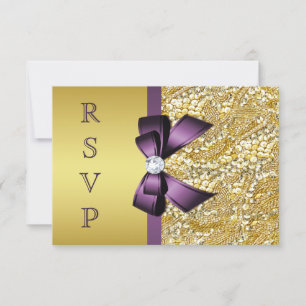 Goldene falsche Diamanten mit lila Schleife zur An RSVP Karte