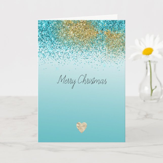 Goldene falsche Glitter-Aqua-Herz-Weihnachten Karte (Kleine Pflanze)