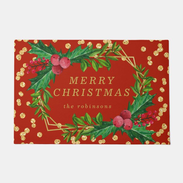 Goldene Familie Frohe Weihnachten Holly Glitzer Fußmatte (Vorderseite)
