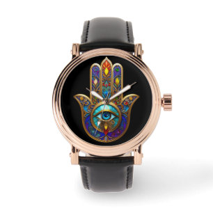 Goldene farbenfrohe Hamsa Türkis Saphir Drittes Au Armbanduhr