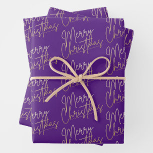 Goldene Faux-Folie Frohe Weihnachten auf Lila Geschenkpapier Set