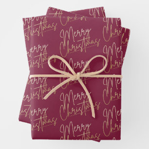 Goldene Faux-Folie Frohe Weihnachten Cranberry Geschenkpapier Set