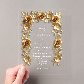 Goldene Faux-Relief-Rosen Rahmen Hochzeit Transpar Acryleinladungen