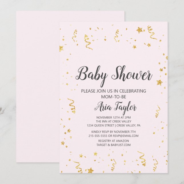 Goldene Feier auf der Pink Calligraphy Baby Dusche Einladung (Vorne/Hinten)