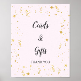 Goldene Feier auf rosa Karten und Geschenkzeichen Poster
