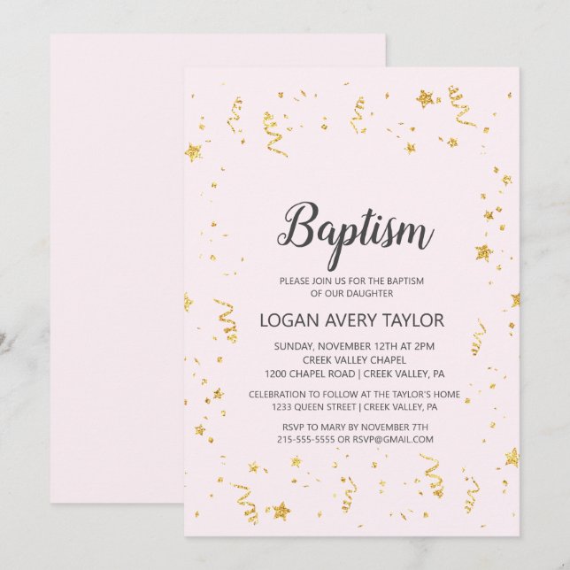 Goldene Feier über rosa Taufe Einladung (Vorne/Hinten)
