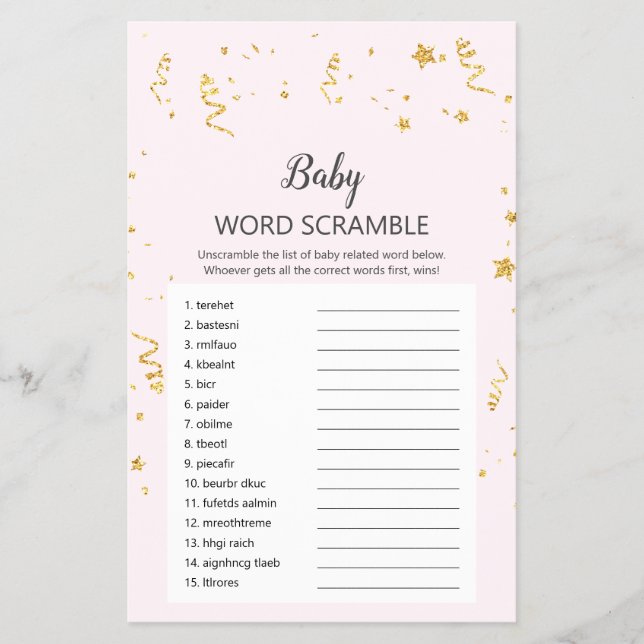Goldene Feier zum Pink Baby Word Scramble Game Flyer (Vorne)