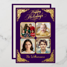 Goldene Feiertage, vier Bilder, lila, Namen Folien Feiertagskarte