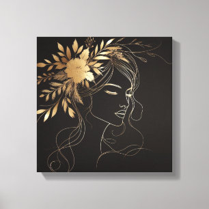 Goldene feminine Linienkunst Gesicht mit floraler Leinwanddruck