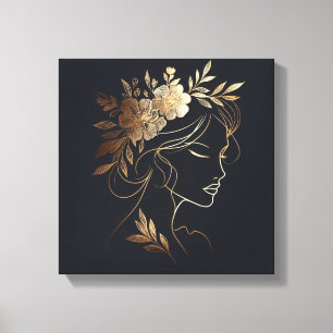 Goldene feminine Linienkunst-Porträt mit floraler Leinwanddruck
